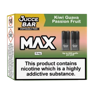 Experience something special with our 9mg MAX Disposable Pod by Jucce Bar, now in the unique and tasty Kiwi Guava Passion Fruit flavour. With a strong 9mg nicotine level, this pod blends sweet kiwi, tropical guava, and zesty passion fruit for an unmatched vape experience. For a fruity tropical journey with each puff, try the Kiwi Guava Passionfruit Disposable Pods.